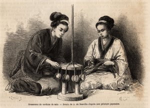 Vlechters van zijden koorden, in hun werkplaats in Yedo (of Edo, het huidige Tokio); deze vlechten zijn zeer uitgebreid omdat ze worden gebruikt om militaire en civiele kostuums te ordenen en te onderhouden (de Japanners kennen de knoop en de clip om de kl door Unknown artist