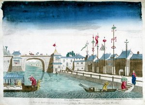 Brug van Cochinchine en boten die de paviljoens verlaten. Gravure uit het einde van de 18e eeuw door Unknown artist