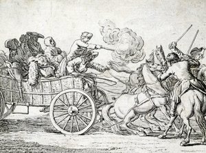 Rovers die passagiers op een kar aanvallen. Gravure door een anonieme 18e-eeuwse kunstenaar. door Unknown artist