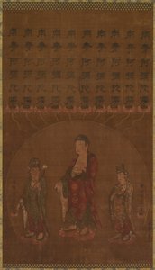 Boeddha Amitābha met twee begeleidende bodhisattva