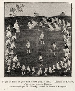 Birmaans voetbal of balspel. Gravure door Krakow ter illustratie van het verhaal 