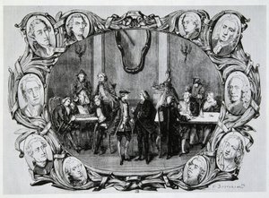 Café Procope in Parijs in de 18e eeuw met Buffon, Gilbert, Diderot, D