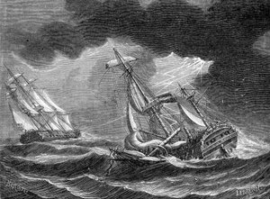 Het schip van Kapitein Cook gespaard, dankzij zijn bliksemafleider, nabij een Nederlands schip getroffen door bliksem - gravure