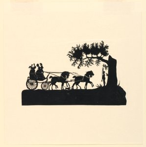 Koets en paarden in silhouet door Unknown artist