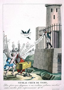 Spotprent tegen Napoleon I met personificatie van ambitie en dood, ca. 1815
