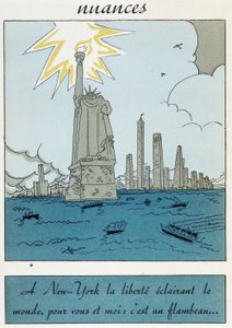 Cartoon van het Vrijheidsbeeld in de Verenigde Staten: "Vrijheid in New York verlicht de wereld, voor jou en mij is het een fakkel" door Unknown artist