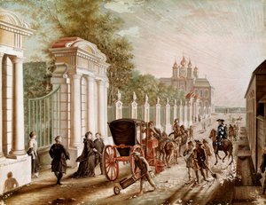 Catharina II of Catharina Alexeievna (1729-1782) verlaat het Peterhof Paleis voordat ze in 1762 tot keizerin wordt gekroond. Lithografie uit het einde van de 18e eeuw. Sint-Petersburg. Kasteel van Peterhof