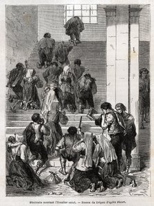 Katholieke boetelingen beklimmen de heilige trap naar Rome. Gravure ter illustratie van het verhaal van Ludovic Celler; de Heilige Week in Rome