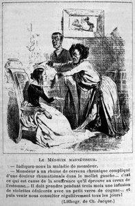 Charlatanisme: satire over het raadplegen van hypnose magnetiseurs om ziekten te behandelen. Naar een lithografie van Jacque. 19e eeuw door Unknown artist