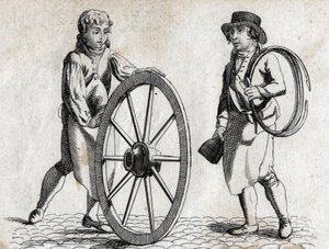 Wagenmaker met wagenwiel en leerling. Gravure eind 18e eeuw.