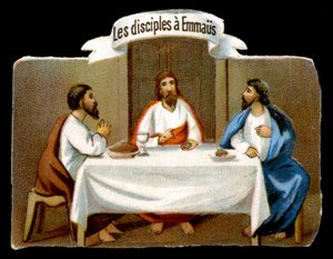 Christus redt de discipelen van Emmaüs. Chromolithografie uit de 19e eeuw