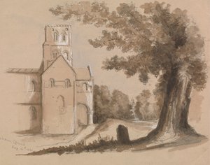 Kerk met boom en grafsteen op de voorgrond door Unknown artist