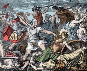 Cimbrenvrouwen verdedigen hun wagenfort - Romeinse oudheid, Cimbrenoorlog: het offer van Cimbrenvrouwen tegen Romeinse soldaten door Unknown artist