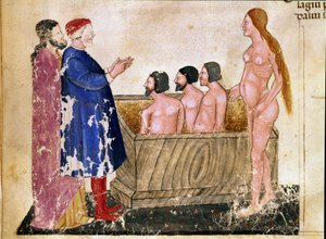 Cirkel van vleiers: Dante en Virgil ontmoeten Alessio Interminelli (of Intermineii), Heer van Lucca, en Thais de prostituee. Verlichte pagina die het 18e lied van de Hel uit de 