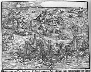 Botsingen tussen Saracenen. Gravure door Johann Stumpff 
