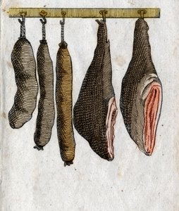 Vleeswaren: Vleesvorken met ham en opgehangen worst. Eindgravure van de 18e eeuw. Privécollectie.