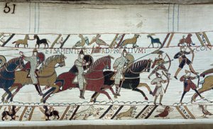 Verovering van Engeland door de hertog van Normandië Willem de Veroveraar (1027-1087) in 1066: het begin van de Slag bij Hastings (detail) door Unknown artist