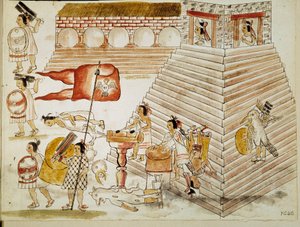 Verovering van Mexico: vernietiging van Tenochtitlan, hoofdstad van het Azteekse rijk, door de legers van de conquistador Hernan Cortes (Hernando Cortez) (1485-1547) op 24/06/1520. Miniatuur uit een manuscript