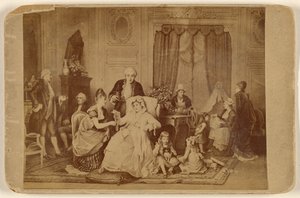 [Kopie van een onbekend kunstwerk: een zittende vrouw, met haar voet op een kussen, wordt bediend].