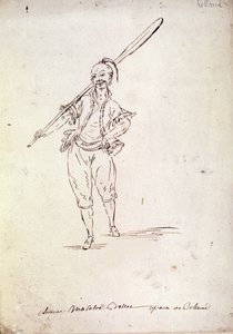 Kostuum voor het personage van Roland in de gelijknamige opera van componist Niccolo Vito Piccinni naar een libretto van Jean Francois Marmontel (1778). Tekening uit het einde van de 18e eeuw