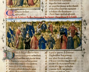 Hofvermaak: dansen en spelen. De scène vindt plaats in aanwezigheid van de goden van Liefde, Schoonheid, Bevrijding, Franchise, Hoffelijkheid en Jeugd. Miniatuur uit "De Roman van de Roos". door Unknown artist