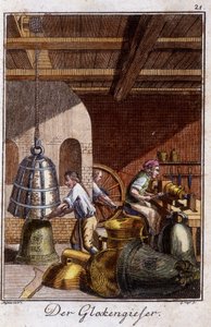 Ambacht: de klokkenmaker in zijn werkplaats. In "Uitgebreide beschrijving van kunsten en ambachten en werkplaatsen voor jongeren" door Johan Peter Vue. Ed. Neurenberg, Weigel en Schneider