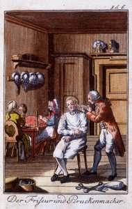 Ambachten: kapper en pruikenmaker in hun werkplaats. In 