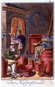 Ambachten: de koperslager in zijn werkplaats. In "Uitgebreide beschrijving van kunsten en ambachten en werkplaatsen voor jongeren" door Johan Peter Vue. Ed. Neurenberg, Weigel en Schneider door Unknown artist