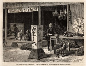 Klanten eten zittend op het podium van een restaurant en de buurman van een slager presenteert aan voorbijgangers, onder een grote bamboe klokkenkap, een zwijn, hangend, zijn mooiste stukken wild, zoals de eekhoorn, de haas of de aap, waarvan de klimmende  door Unknown artist