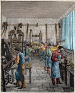 Bestekfabriek (Posate) in Frankrijk in de 19e eeuw. Gravure uit 1885 in “Les arts et métiers illustrés” door Adolphe BITARD