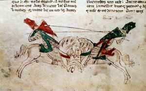 Cyclus van Koning Arthur: Slag van Lancelot en Tristan. Miniatuur uit De roman van Meliadus de Leonnoys: samen met verschillende andere nobele daden van ridder gedaan door Koning Arthur, Palamedes en Galliot de Pre door Rustichello