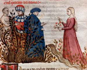 Dante ontmoet Matelda (lied 28 uit het Vagevuur, in de Goddelijke Komedie) - miniatuur door Unknown artist