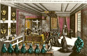 Dood van koning Lodewijk XIV: de rouwkamer van Lodewijk XIV (1638-1715), bekend als Zonnekoning, overleden in Versailles op 1/09/1715. Gravure uit de 18e eeuw Privécollectie