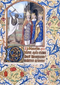 De dood met zijn speer wijzend naar drie figuren, een paus, een koning, een koning en een koningin, staand voor een gotische kerk, c.1470
