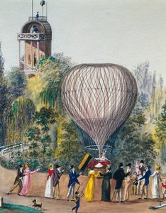 Vertrek van luchtballon, aquarel, Wenen, Oostenrijk