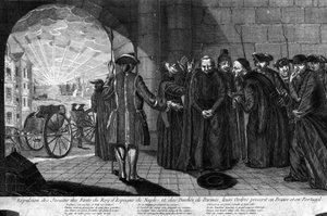 Deportatie van de Jezuïeten op 21/07/1773: Uitdrijving van Jezuïeten uit de staten van de Koning van Spanje, Napels en het Hertogdom Parma, hun Ordes verboden in Frankrijk en Portugal. Gravure uit het begin van de 19e eeuw