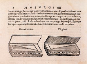 Beschrijving van Klavecimbel en spinet. Pagina uit Musurgia seu praxis musicae door Unknown artist