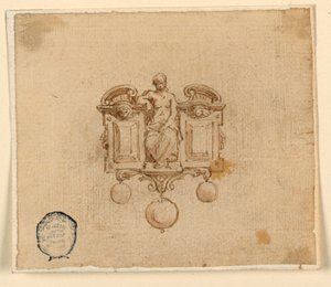 Ontwerp voor broche met vrouw in gebroken fronton door Unknown artist
