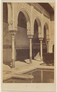 [Detail van zuilen, met een deel van de reflecterende vijver zichtbaar, het Alhambra].