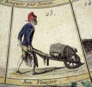 Detail van het spel van de Cree van Parijs gans: azijnhandelaar. Gravure uit de 18e eeuw. Coll. Leaving door Unknown artist