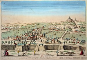Detailweergave van de stad Lyon aan de oevers van de Rhône en de Saône. Gravure uit de 17e eeuw Parijs B.N. door Unknown artist