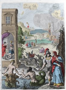 Verschillende metamorfosen, op de voorgrond Scylla en de zeegod Glaucos verliefd op haar, op de achtergrond de opgehangen Iphis afgewezen door Anaxarete. Illustratie uit boek XIV van “Metamorfosen” (Metamorfosi) door Ovidius (43 v.Chr.-17 n.Chr.). Gravure door Unknown artist