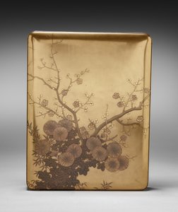Documentendoos (Ryōshibako) met chrysant en pruim (deksel) door Unknown artist