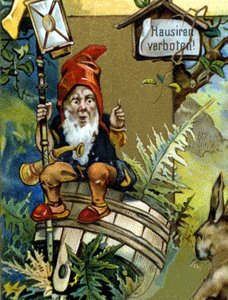 Dwerg of farfadet met lantaarn. 19e eeuw chromolithografie. door Unknown artist
