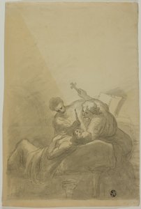Stervende man bijgestaan door twee figuren met kaars, boek en kruis door Unknown artist