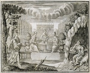 Gravure die vrouwen voorstelt die aan een weefgetouw werken. Begin 18e eeuw door Unknown artist