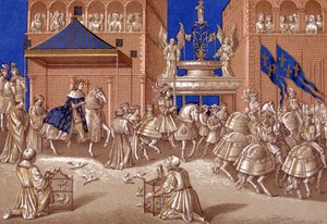 Ingang van Karel VII (1403-1461) in Parijs. 19e-eeuwse chromolithografie