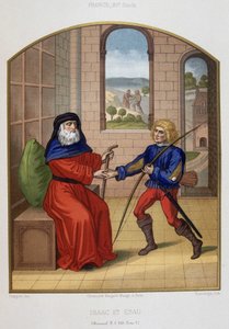 Esau met zijn jachtwapens en zijn vader Isaac. Chromolithografie uit de 19e eeuw door Unknown artist