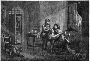 Eugène en Hortense Beauharnais troosten hun moeder Joséphine de Beauharnais in zijn gevangenis (Prison des Carmes)