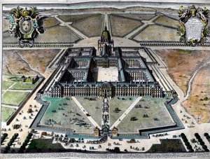 Buitenaanzicht van het Hôtel des Invalides in Parijs in de 18e eeuw. Gravure uit de 18e eeuw. Privécollectie. door Unknown artist